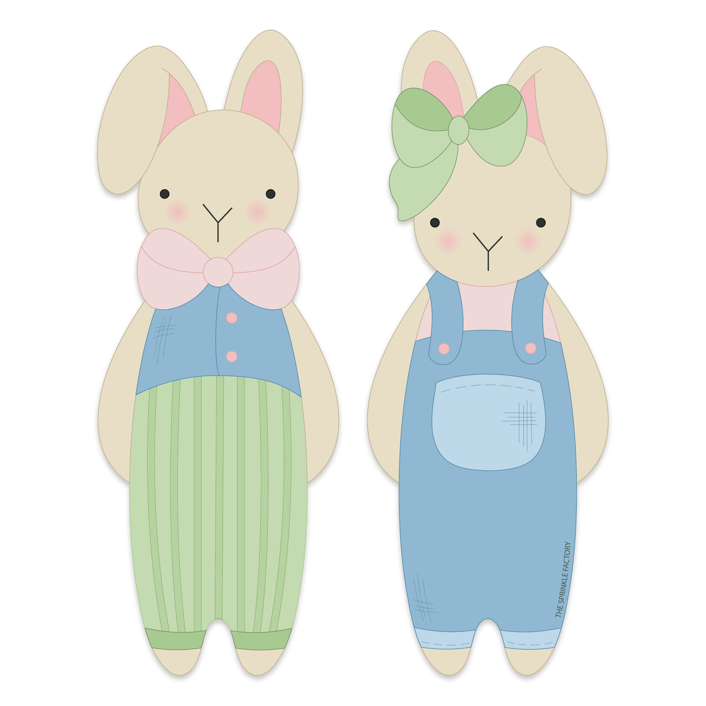 Clipart of a tall brother and sister bunny both with tan fur. Brother has on a blue shirt, pink bow tie and green stripped pants. The sister is wearing green overalls, pink shirt and a green bow on her ear.