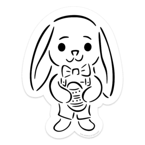 Clipart of a black and white line drawing of a boy bunny with ears hanging below his head wearing bow tie and holding an easter egg.