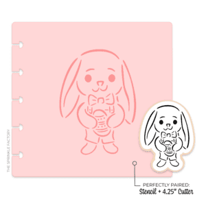 Clipart of a black and white line drawing of a boy bunny with ears hanging below his head wearing bow tie and holding an easter egg with pink stencil.