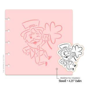 Clipart of a black and white outlined dancing leprechaun holding a shamrock and a pink stencil behind it.