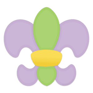 Digital image of a mardi gras fluer de lis with purple on the ourside, green in the middle and a yellow band.