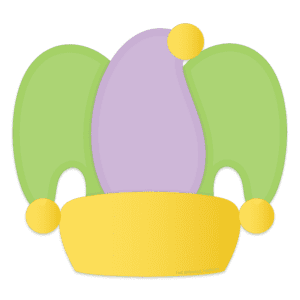 Digital image of a mardi gras jester hat that is green and purple with yellow bells and a yellow brim.