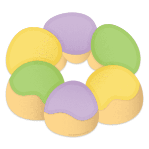 Digital image of a golden mardi gras king cake with yellow, purple and green icing.