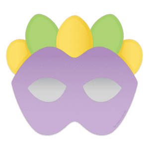 Graphic image or a purple mardi gras mask with yellow and green feathers sticking out the top.