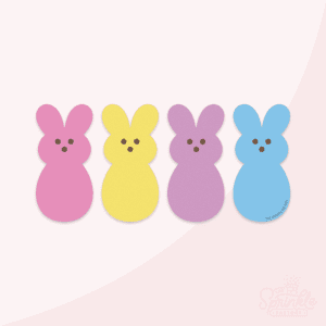 Clipart of a row of marshmallow bunnies that are pink, yellow, purple and blue with brown eyes and nose.