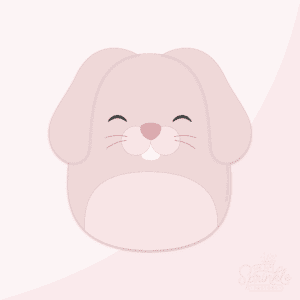 Clipart of a pink sqishmallow bunny with a light pink tummy, pink nose, black squinty eyes, bunny teeth and whiskers.
