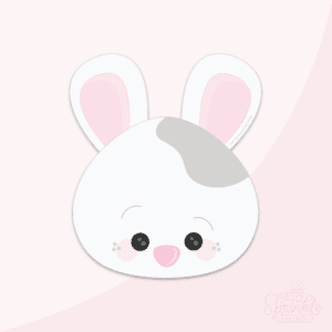 Clipart of a white bunny face with a grey patch below the ears with pink centre, a pink nose and black eyes.