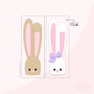 Clipart of brown and white bunny ears with pink centres and a purple bow on the white one.