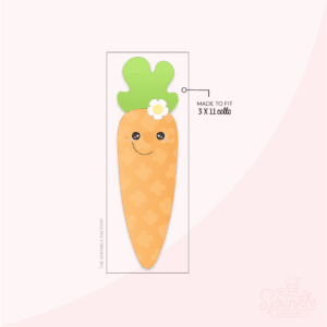 Clipart of a tall orange carrot with a pale flower print on it with green top and a white daisy with a smiling face in black.