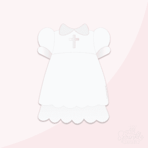 Clipart of a white baptism dress with frills on the bottom, a grey collar and a grey cross.