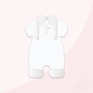 Clipart of a white baptism outfit with pants, white suspenders, a white bow tie and grey cross.