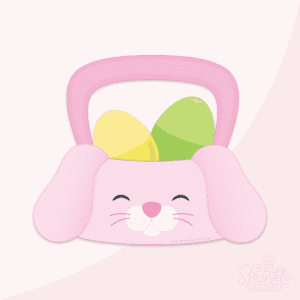 Clipart of a pink bunny face easter basket with white nose and black whiskers with a yellow and green plastic egg in the top.