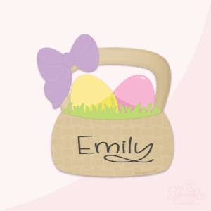 Clipart of bow whicker easter basket with green easter grass, a yellow and pink egg in it with a purple bow and the name Emily in black.