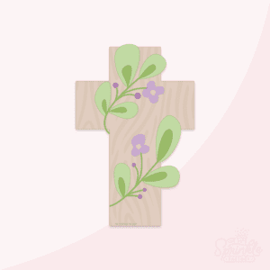 Clipart of brown cross with wood print draped with a green vine with green leaves and purple flowers.