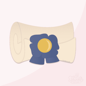 Clipart of a horizontal tan colored rolled up diploma with a blue ribbon with yellow center and blue tails on the middle.