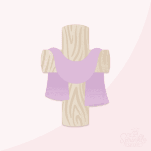 Clipart of a brown cross with wood grain and purple fabric draped across it.