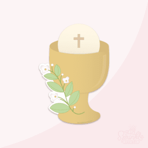 Clipart of a gold chalice with a wafer out the top with brown cross on it and greenery to the left with white blossoms.
