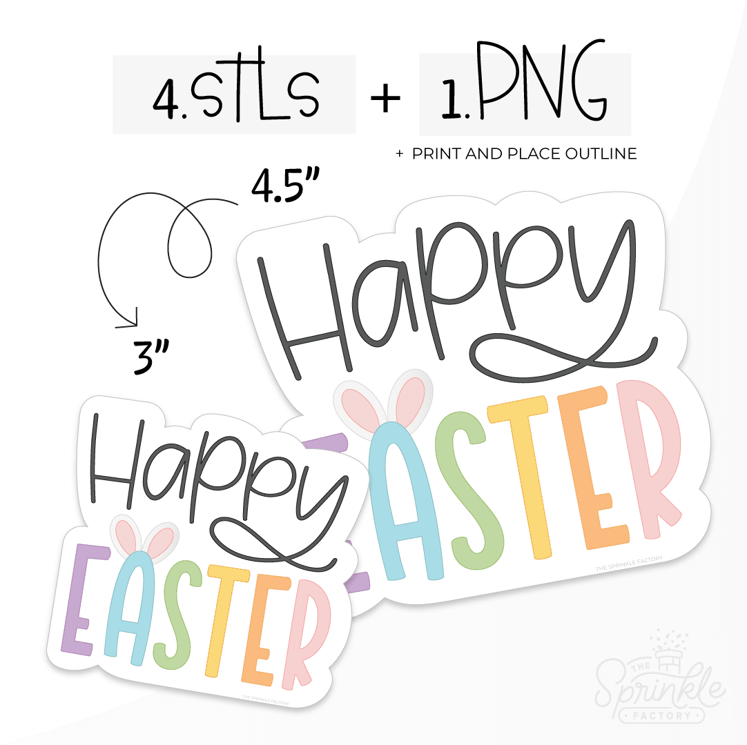 Clipart of Happy easter in black thin cursive letters overtop of EASTER in pastel rainbow colours with white bunny ears over the A.