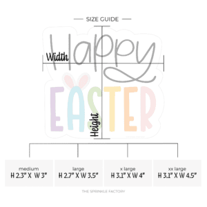 Clipart of Happy easter in black thin cursive letters overtop of EASTER in pastel rainbow colours with white bunny ears over the A with size guide.