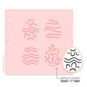 Clipart of black and white line drawings of mini PYO easter eggs with size guide and pink stencil.