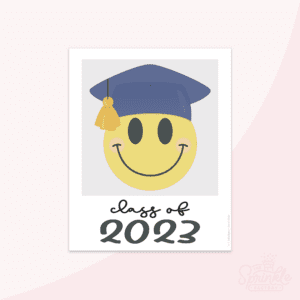 Clipart of classic Polaroid picture with Class of 2023 in black lettering at the bottom and a picture of a yellow smiley face wearing a blue grad cap.