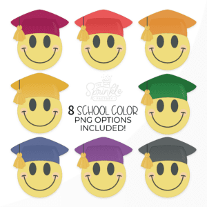 Clipart of smiley grad in all school colours: burgundy, green, red, blue, orange, purple, gold and black.