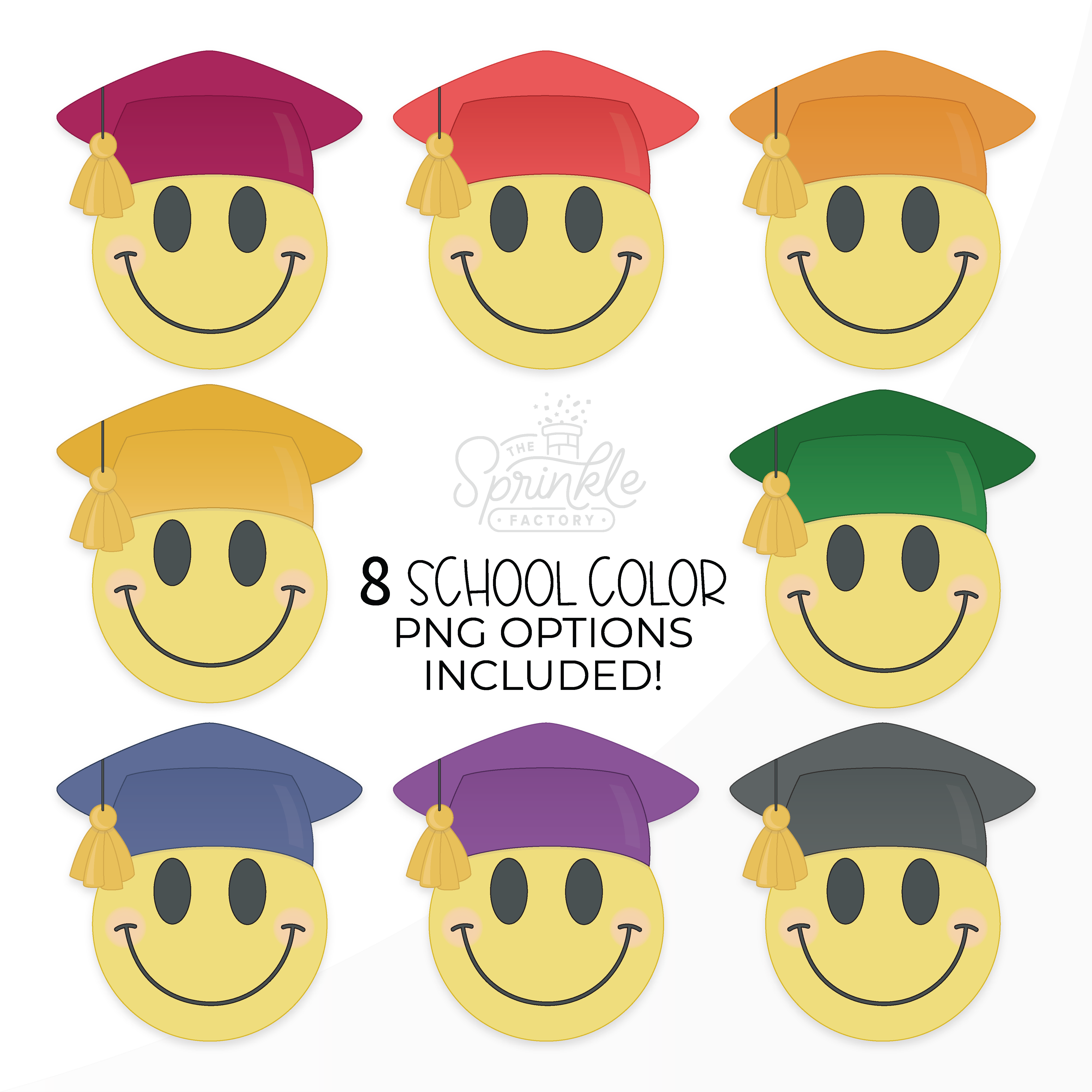 Clipart of smiley grad in all school colours: burgundy, green, red, blue, orange, purple, gold and black.