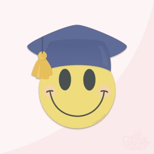 Clipart of a yellow smiley face with black smile and eyes wearing a blue graduation cap with gold tassel.