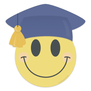 Clipart of a yellow smiley face with black smile and eyes wearing a blue graduation cap with gold tassel.