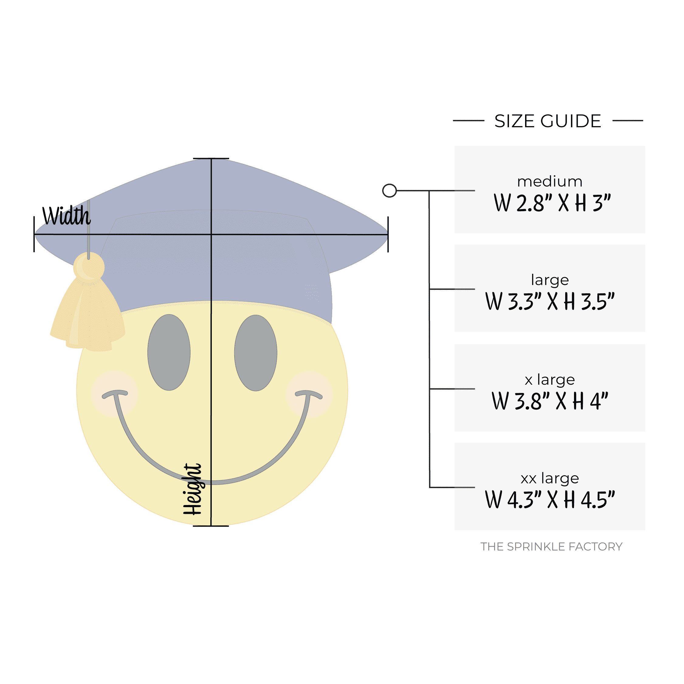 Clipart of a yellow smiley face with black smile and eyes wearing a blue graduation cap with gold tassel with size guide.