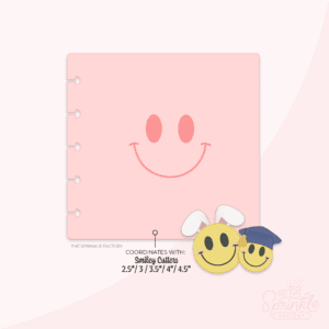Clipart of a pink stencil of a smiley face with an image of yellow smiley face with bunny ears and another with a blue graduation cap.