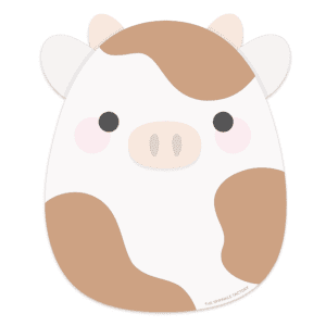 Clipart of a white squishmallow cow with horns and brown spots.