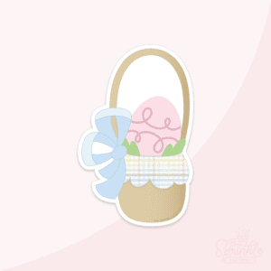 Clipart of a brown easter basket with tall handle with a rainbow plaid print cloth sticking out with pink easter egg and green easter grass in the basket with a big blue bow tied to the left of the handle.