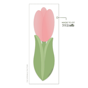 Clipart of a tall pink tulip with green leaves.