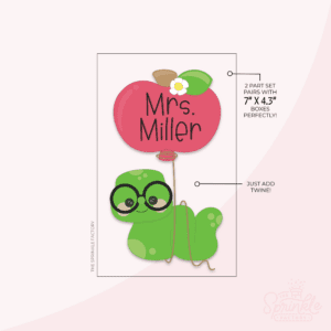 Clipart of a green inch worm with a red apple balloon that says Mrs. Miller on it in black lettering.