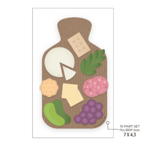 Clipart of a brown wooden charcuterie board topped with crackers, brie, cheese, pickles, grapes, meat and herbs.