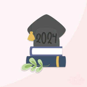 Clipart of a black graduation cap with gold tassel with 2024 on it in black text sitting on top of 2 books with greenery.