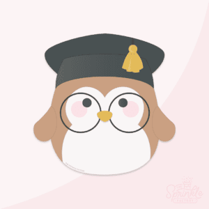 Clipart of a brown squishmallow owl wearing a black grad cap with gold tassel and black round glasses.