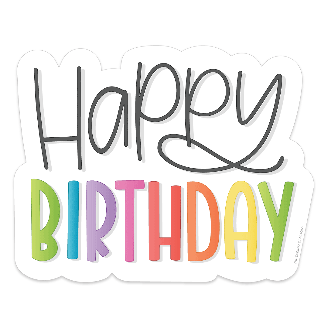 Clipart of a Happy Birthday Plaque. Happy in black cursive writing on top of rainbow capital lettered BIRTHDAY with a white background and offset around the shape.