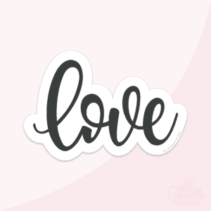 Clipart of the word love in cursive black lettering with a white offset background.