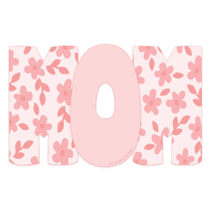 Clipart of the letters MOM with the M's having a pink floral pattern on them in darker pink with the O being a solid light pink.