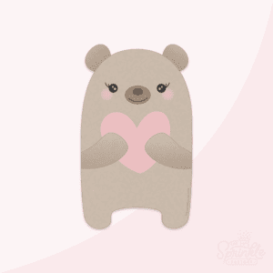 Clipart of a cartoon brown bear standing on its legs hugging a pink heart.