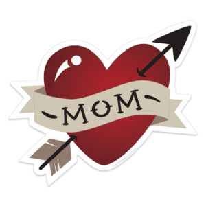 Cllipart of a red heart with an arrow through it with MOM in black on a beige banner across it.