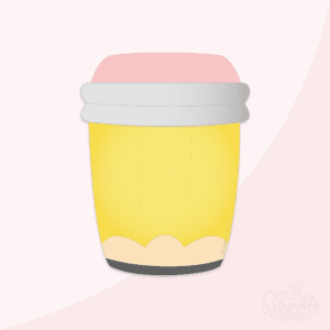 Clipart of a take out coffee cup shaped like a yellow school pencil with a pink top that looks like an eraser, with silver brim and black bottom to look like pencil led.