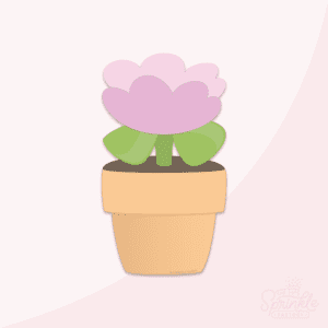 Clipart of a two tone purple flower with a green stem and leaves in an orange pot with brown dirt.