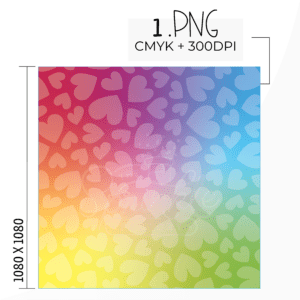 Clipart image of a rainbow print with pale white hearts over top made from primary colors.