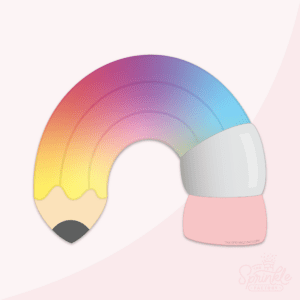 Clipart of a pencil with a pink eraser and black led tip curved like a rainbow with a rainbow print on it.
