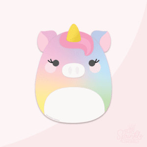 Clipart of a rainbow coloured squishmallow unicorn with pink hair and a yellow horn.