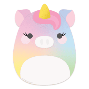 Clipart of a rainbow coloured squishmallow unicorn with pink hair and a yellow horn.