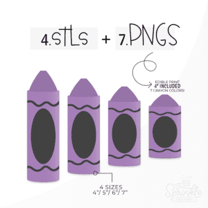 Clipart of purple crayons with black swirls and a circle in the middle in 4 sizes.